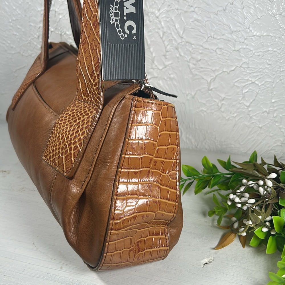 🆕M.C. Embossed NEW Genuine Leather Shoulder Bag Camel Color Silver Accents NWT - Picture 8 of 16